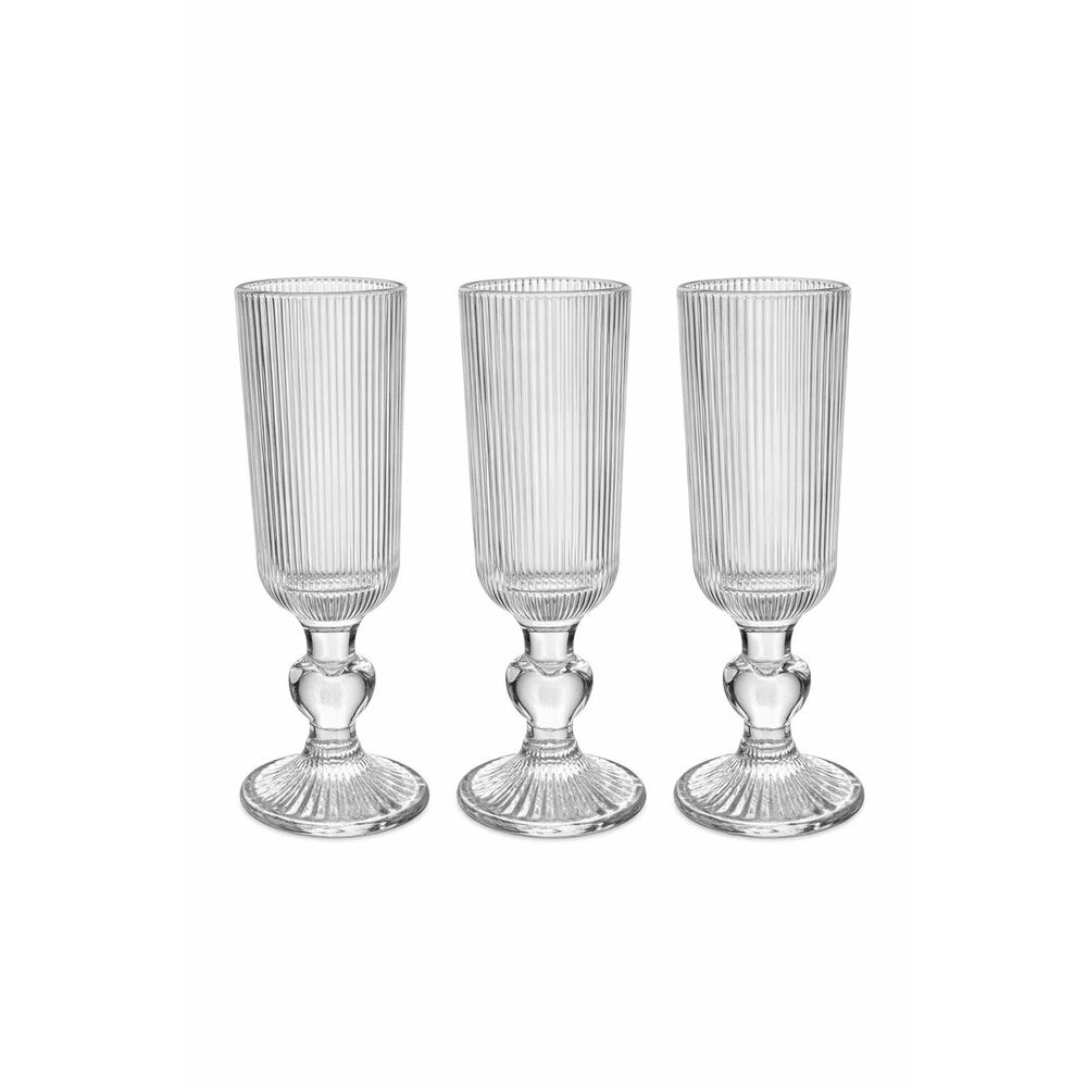 Set of 3 Ribbed Glass Champagne Flutes Heart Stem Clear Vintage Style 7” Tall